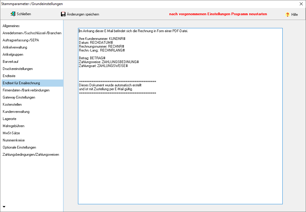 Endtext Rechnungen per E-Mail